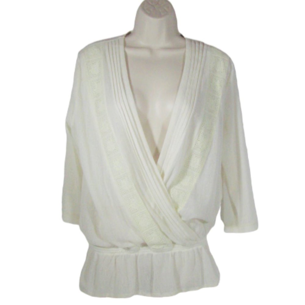 Panitti Ivory Cream Wrap Top Blouse Shirt Medium Women 3/4 Sleeve